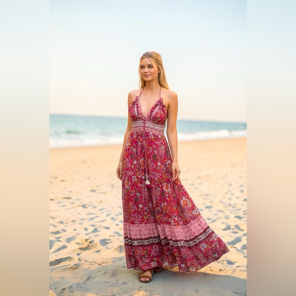 New Free People XS Real Love Maxi Dress meadows Combo (red floral print)
